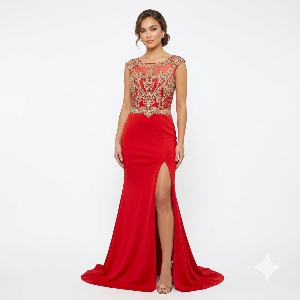 Dancing Queen Women’s Red Gold Mermaid Prom Gown M